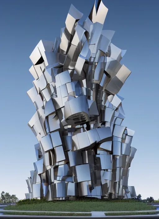 Image similar to highly detailed realistic architecture 3 d render of a futuristic stele monument in frank gehry style standing in city park, archdaily, made in unreal engine 4 octane render