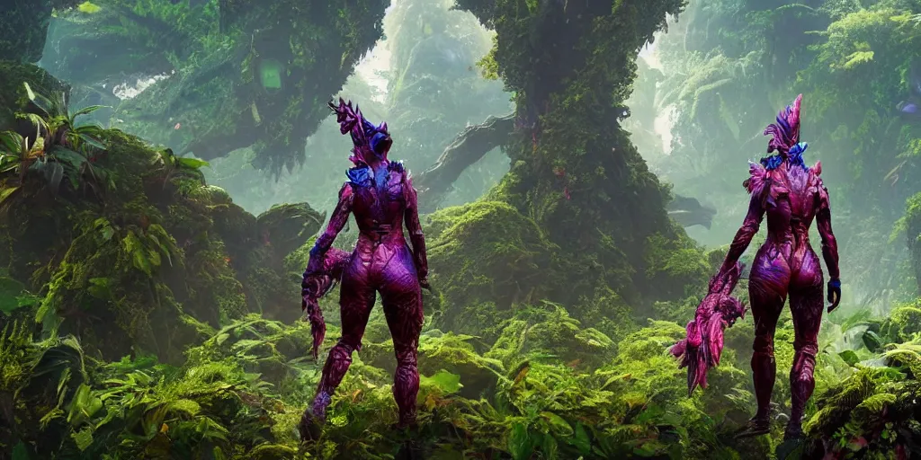 Prompt: explorer woman walking in dragon armour, walking in a dense alien jungle with colourful red, blue and purple plants, large vines, mossy organic rock structures, in the style of monster hunter world, like concept art on artstation, hyperdetailed, vray render, octane render,