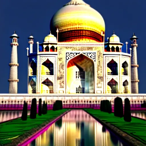 Image similar to taj mahal made of rainbow coloured marble, ultra photorealistic, octane render, vray render, raytraced, 4 k, highly detailed, hyperrealistic, depth of field, cinematic