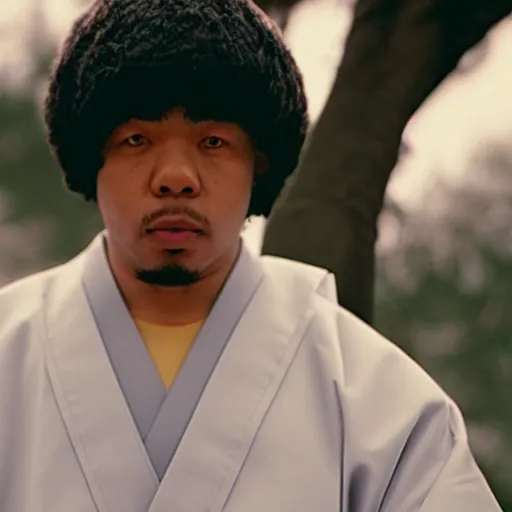 Image similar to cinematic film still of rapper JID starring as a Japanese Sensei with fire, Japanese CGI, VFX, 2003, 40mm lens, shallow depth of field, film photography