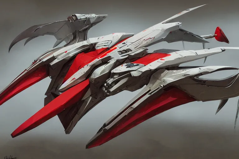 Image similar to a pteranodon mecha interceptor, white john berkey armor panels, wine-red and grey trim, skull insignia, robotech styling with Kanji markings, boeing concept art painting, cinematic lighting, amazing lifelike cinematic photo render