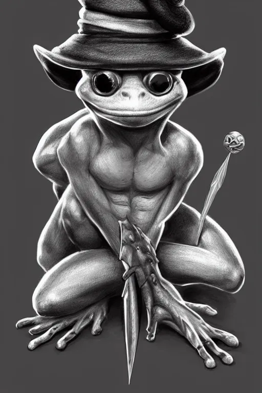 Prompt: beautiful minimalistic drawing with high detail of a poision dart frog with a wizard hat, from dungeons and dragons and art direction by James Cameron ;by artgerm; wayne reynolds art station; cinematic quality character render; ultra high quality model; production quality cinema model; hidden