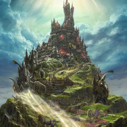 Image similar to large fantasy castle sitting on the top of a giant tortoise, stomping through a harsh wasteland with sharp rays of sunlight, howls moving castle, mortal engines, kaiju, distant - mid - shot, isometric angle, fantasy, hyper detailed, 4 k