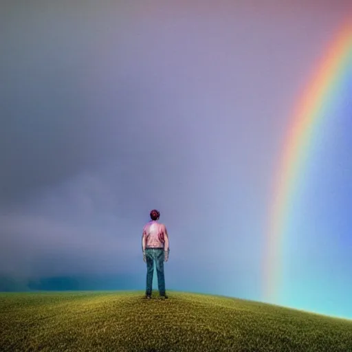 Prompt: a man standing on top of a hill under a rainbow, a matte painting by Gabriel Dawe, trending on pexels, psychedelic art, iridescent, sense of awe, psychedelic