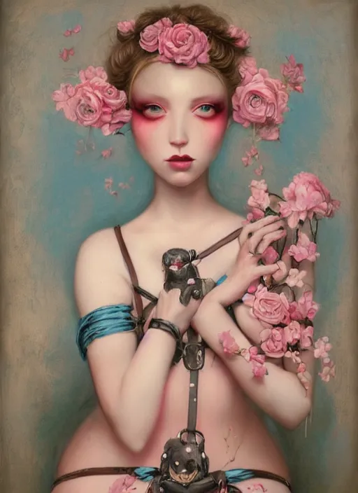 Image similar to pop surrealism, lowbrow art, realistic seductive cute woman sitting painting, pink body harness, japanese shibari with blue flowers, hyper realism, muted colours, rococo, natalie shau, loreta lux, tom bagshaw, mark ryden, trevor brown style,