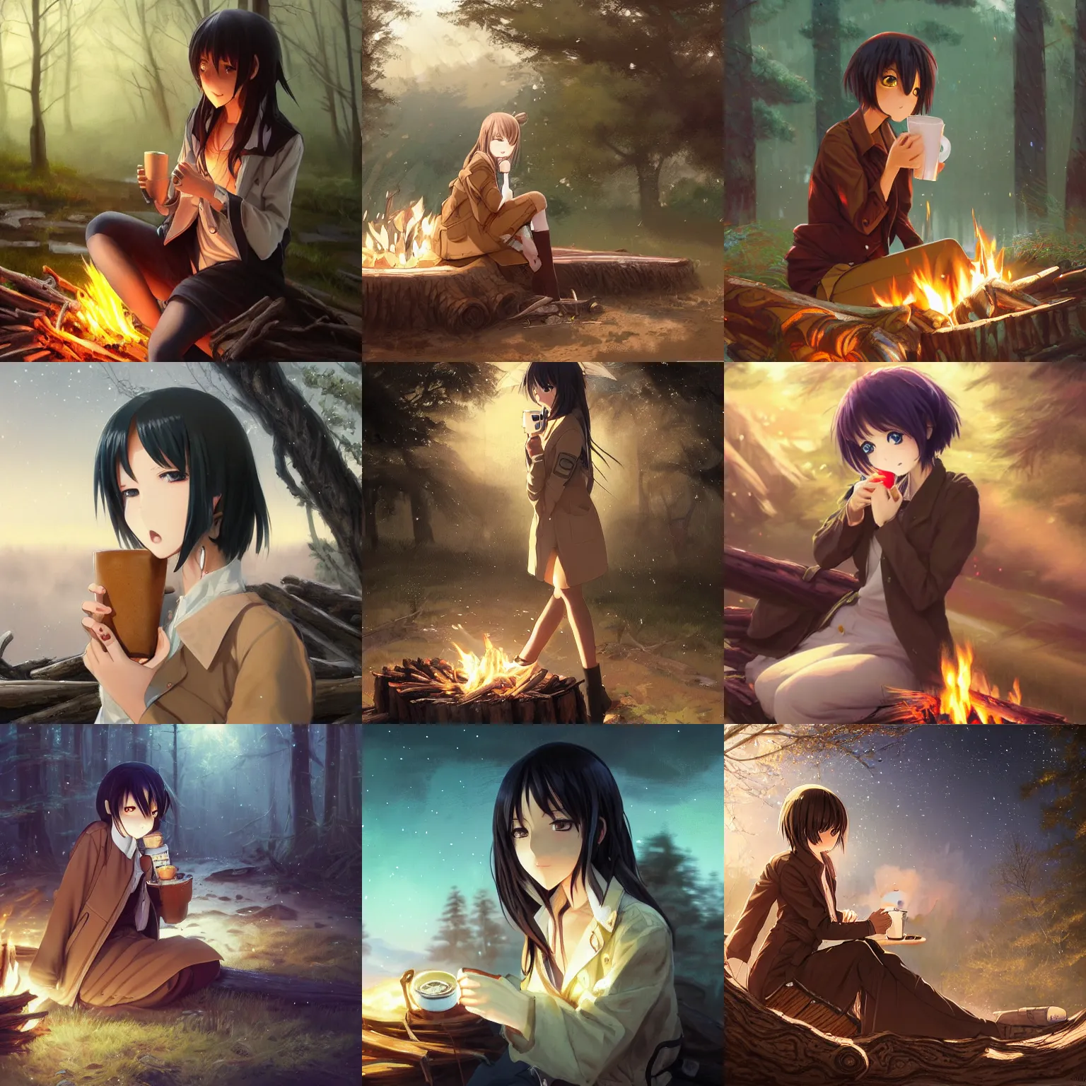 Prompt: An anime girl by WLOP with short black hair and green eyes in a tan trenchcoat sitting on a log and drinking hot chocolate by the campfire by her motorcycle at night under the stars, evocative, mystical night, very very very very detailed, award winning, masterpiece digital painting by Greg Rutkowski, Alex Grey, artstation, 4k wallpaper