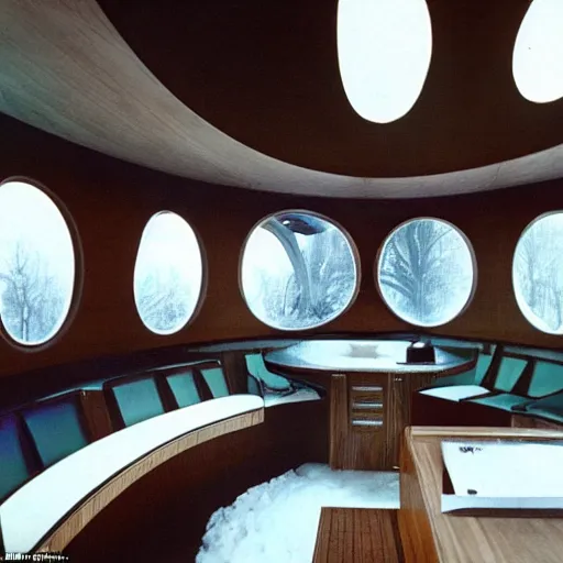 Image similar to the interior of a 1 9 7 0 s space ship carved out of wood, designed by eero saarinen, trees and snow visible through the windows