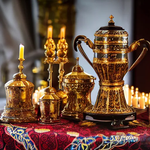 Prompt: product view of ornate Russian samovar on a table with candles, fruit and flower arrangements, photorealism, metal reflections, DSLR, 20mm lens, professional photography, elite, luxury, five-star, Michelin, photographic, CG Society, deep focus, extreme detail, razor sharp