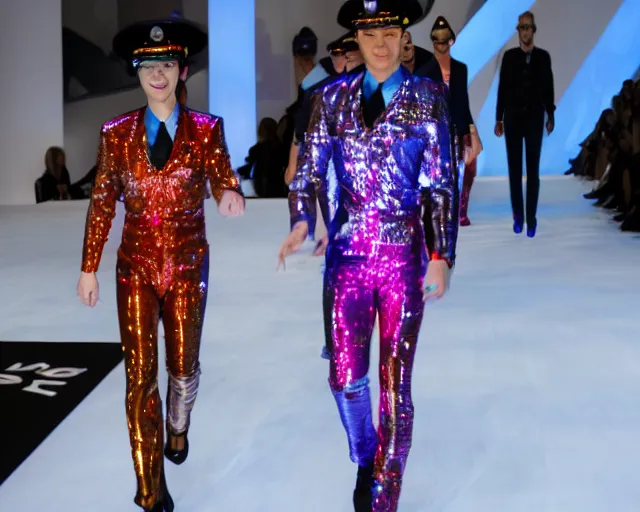 Prompt: SS officers in disco themed uniforms walking on the catwalk of a Hugo Boss fashion show, promotional pictures, 8k, coloured