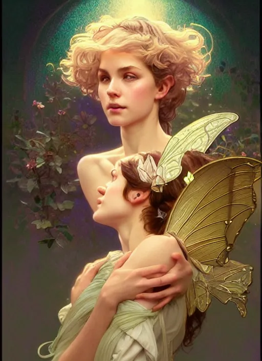 Image similar to portrait of pixie and fairy and sprite, intricate, headshot, soft face, highly detailed, digital painting, artstation, concept art, sharp focus, cinematic lighting, illustration, art by artgerm and greg rutkowski, alphonse mucha, cgsociety