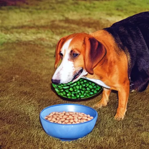 Prompt: a suspicious dog eating beans, flash photography