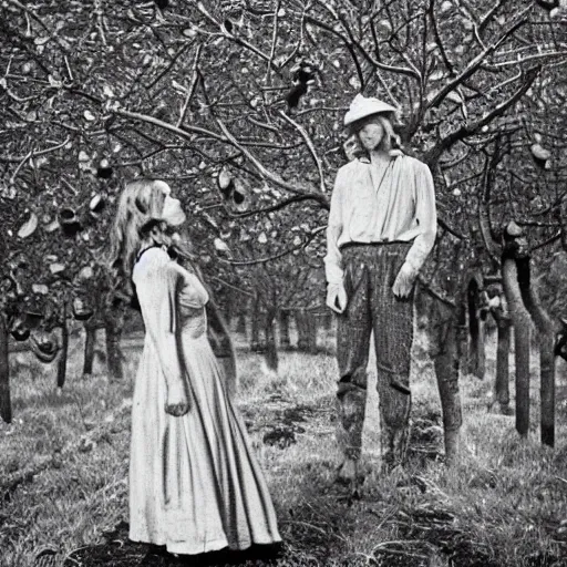 Prompt: a man is standing by apple tree. he watches a woman who has a very large silver key. folk horror. eerie. fine detail. realistic. fireflies