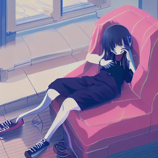 Image similar to girl listening to music at 1 am falling asleep, digital art, anime, kyoto animation key visual