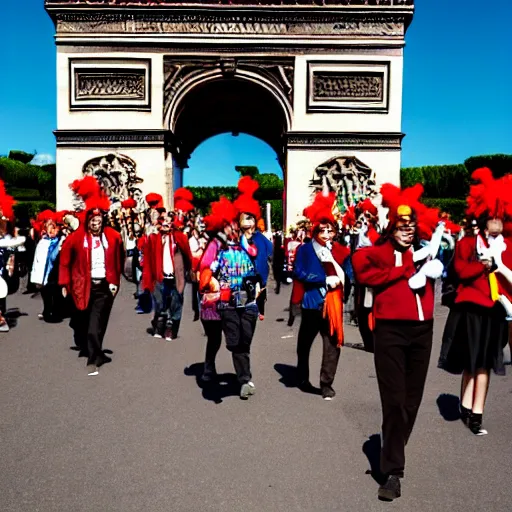 Image similar to a large group of people wearing clown hats marching in formation through the arc de thriump.