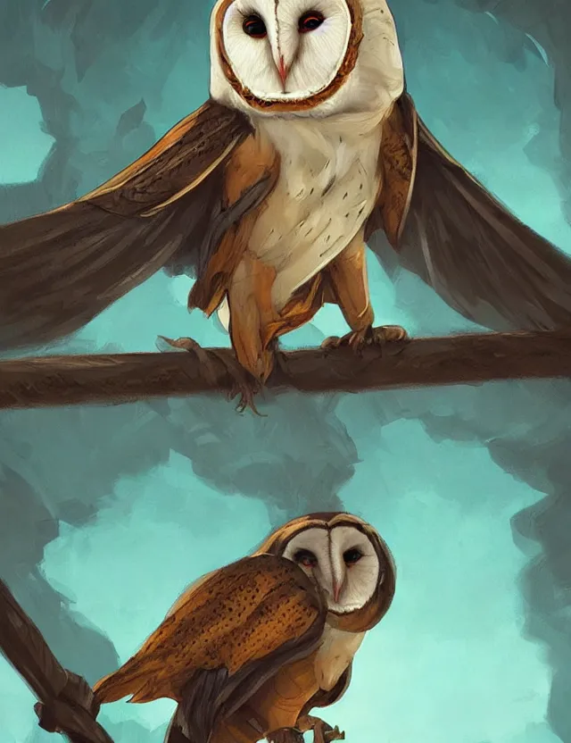 Prompt: barn owl rogue. this heavily stylized oil painting by the award - winning comic artist has interesting color contrasts, plenty of details and impeccable lighting.