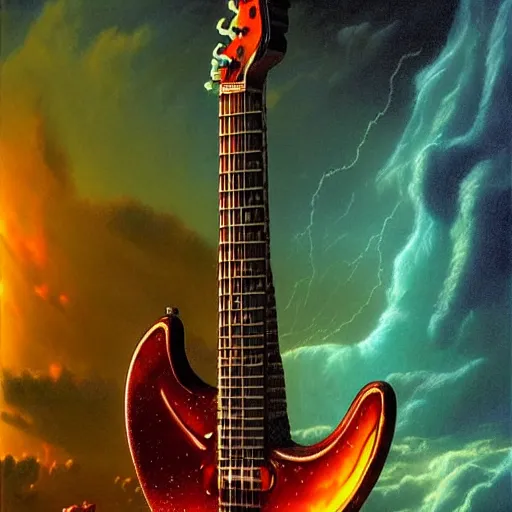 Image similar to UHD closeup of a Photorealistic Max Liquid, playing electric guitar during a wicked lightning storm on Mars, with a cool pose, by Antonio Caparo and Ferdinand Knab and Greg Rutkowski, UHD, photorealistic, trending on artstation, trending on deviantart