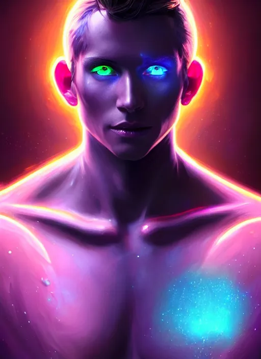 Prompt: a male humanoid phantom adventurer made of liquefied stardust, dnd fantasy character, full body portrait, glowing neon skin, magical aura, ultra realistic, intricate, elegant, highly detailed, digital painting, artstation, smooth, sharp, focus, illustration, art by artgerm and greg rutkowski and alphonse mucha
