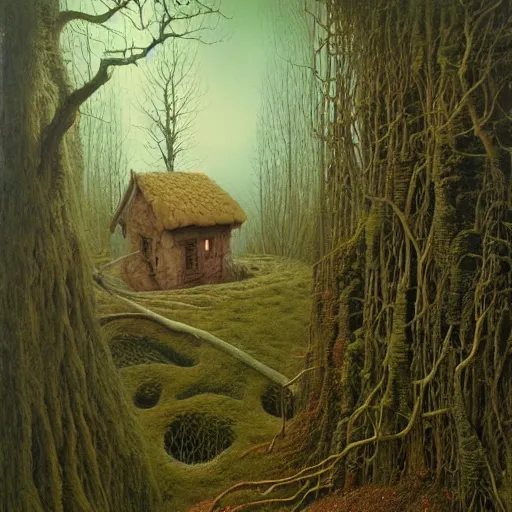 Image similar to small cottage in the forest by zdzisław beksinski, marco mazzoni, peter gric, oil on canvas, highly detailed, whimsical, fantasy