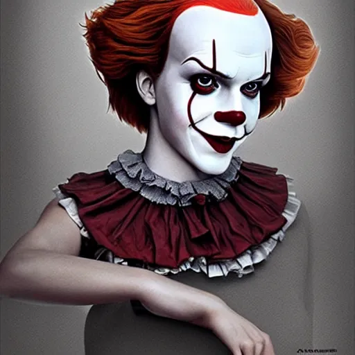 Prompt: emma watson as pennywise the clown, realistic, intricate, elegant, art by artgerm and wlop