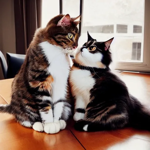 Image similar to very cute huge calico main coon towers over shorthair domestic cat in office, portrait, pixar style, cinematic lighting, award winning creature portrait photography