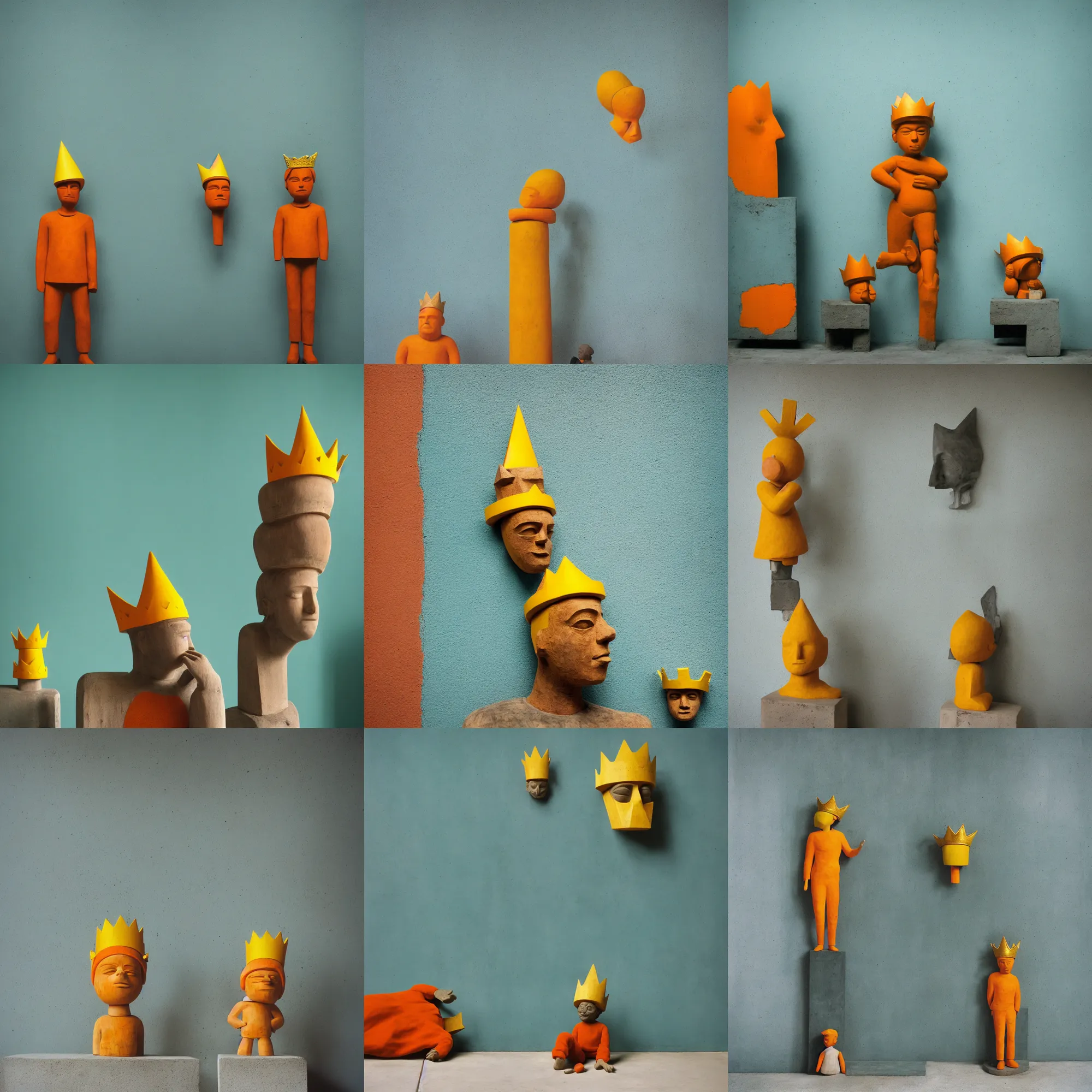 Prompt: kodak portra 4 0 0, 8 k, shot of a highly detailed, britt marling style, colour still - life portrait of a large minimalistic room, rough concrete walls, the rough carved wooden statue of a teal and orange striped little man with a yellow crown on his head, muted colours