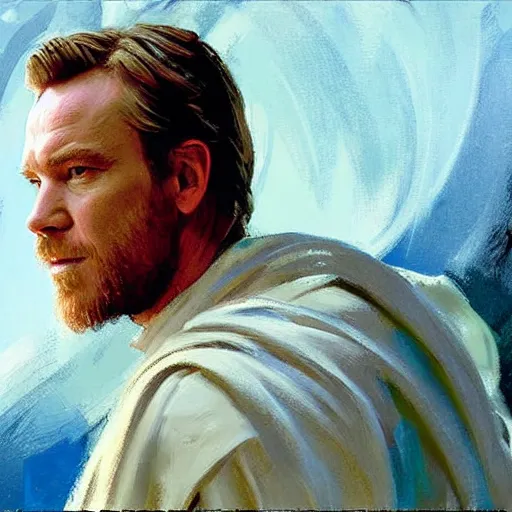 Prompt: portrait of ewan mcgregor as obi wan kenobi by gregory manchess