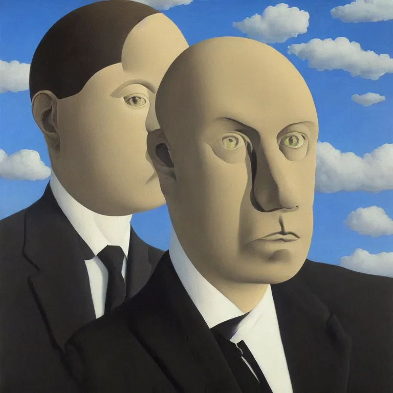 Image similar to portrait of a faceless shadow - head man in a suit, clouds in the background, by rene magritte, detailed painting, distance, middle centered, hd, hq, high resolution, high detail, 4 k, 8 k