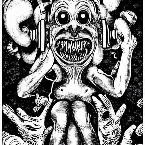 Image similar to artgerm, psychedelic laughing cronenberg friendly looking horror creature, rocking out, headphones dj rave, digital artwork, r. crumb, svg vector