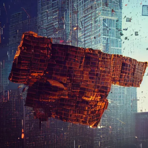 Image similar to cinematic shot of a giant rusty bitcoin broken in half falling over the city, beeple style, Christopher Nolan movie