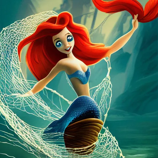 Prompt: disney poster of the little mermaid ariel trapped in a fishing net, distressed, sad, 4 k, artstation