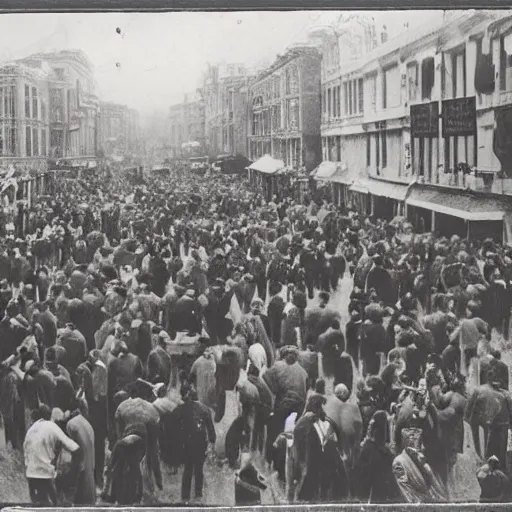 Prompt: Old photo of a crowd of people, some of the people are zombies, decaying photo