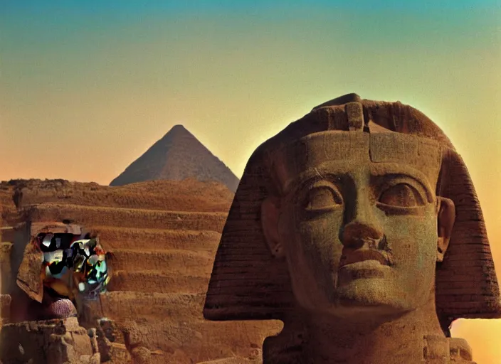 Image similar to gustave moreau painting of kelsey grammer's face and big forehead head on a sphinx body, egyptology, ancient aliens, grainy cinestill film landscape photo, blender, monument, 8 k