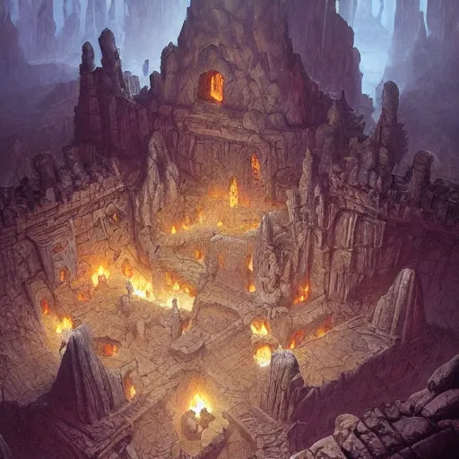 Image similar to dungeon map concept d & d cave, desert, vulcanic ground, monument, tribal hollows and build. hyper detailed, fantasy style art, highly detailed, digital painting, artstation, concept art, smooth, sharp focus, illustration, art by artgerm and greg rutkowski and alphonse mucha