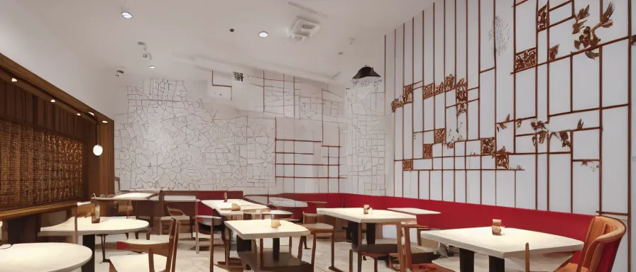 Prompt: a beautiful simple interior render of roasted string hotpot restaurant restaurant yan'an, wall corner, from china, red paper wall and white tile floor, rectangle white porcelain table, fine simple delicate structure, chinese style, simple composition, simple style structure decoration design, victo ngai, 4 k hd