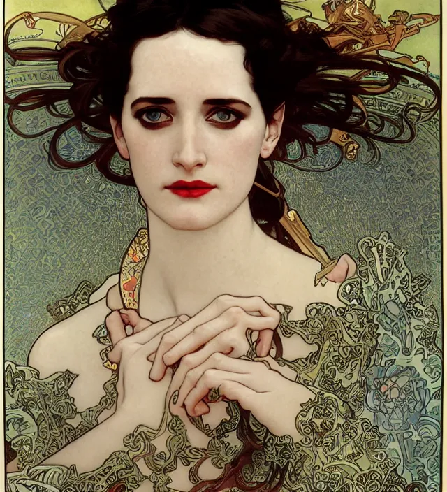 Prompt: detailed closeup of eva green by alphonse mucha, ayami kojima, yoshitaka amano