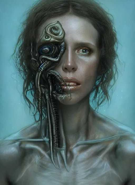 Image similar to a hyper detailed face portrait of ellen ripley becoming a xenomorph, by tom bagshaw, by zdzisław beksinski, trending on artstation