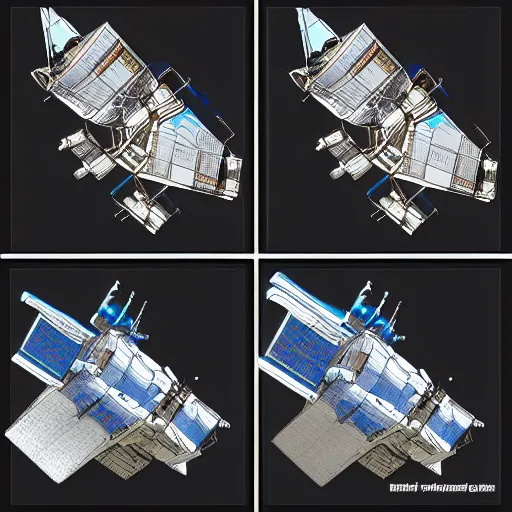 Image similar to top view, side view and front view of a science fiction space station, concept art, digital art, first angle projection