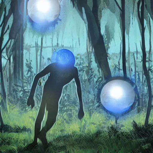 Image similar to a dirty lost person is following a floating blue glowing ball of light through the swampy forest, extremely detailed multiple unique different art styles.