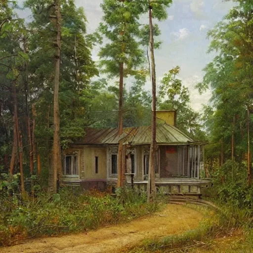 Image similar to a beautiful painting of an abandoned overgrown 7 - eleven by ivan shishkin, masterpiece