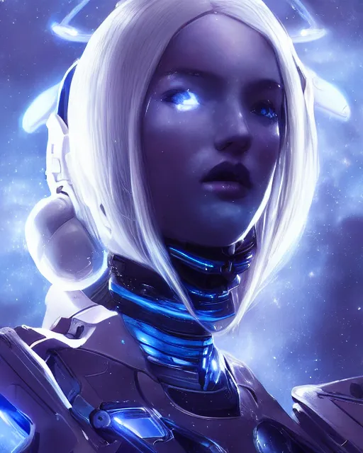 Image similar to perfect android girl on a mothership, warframe armor, beautiful face, scifi, futuristic, galaxy, nebula, raytracing, dreamy, long white hair, blue cyborg eyes, sharp focus, cinematic lighting, highly detailed, artstation, innocent, art by gauthier leblanc, kazuya takahashi, huifeng huang