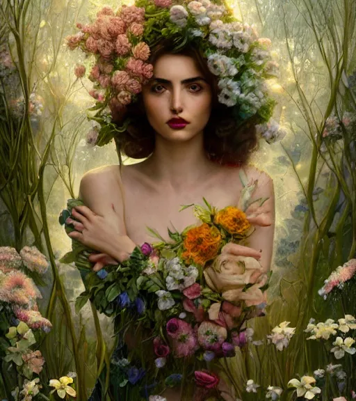 Image similar to portrait of ana de armas in 3 0 s, surrounded by flowers by karol bak, james jean, tom bagshaw, rococo, trending on artstation, cinematic lighting, hyper realism, octane render, 8 k, hyper detailed