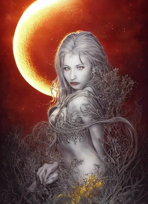 Image similar to glowing silver and golden elements, portrait, A beautiful dark witch in front of the full big moon, book cover, green forest, red white black colors, establishing shot, extremly high detail, foto realistic, cinematic lighting, pen and ink, intricate line drawings, by Yoshitaka Amano, Ruan Jia, Kentaro Miura, Artgerm, post processed, concept art, artstation, matte painting, style by eddie, raphael lacoste, alex ross