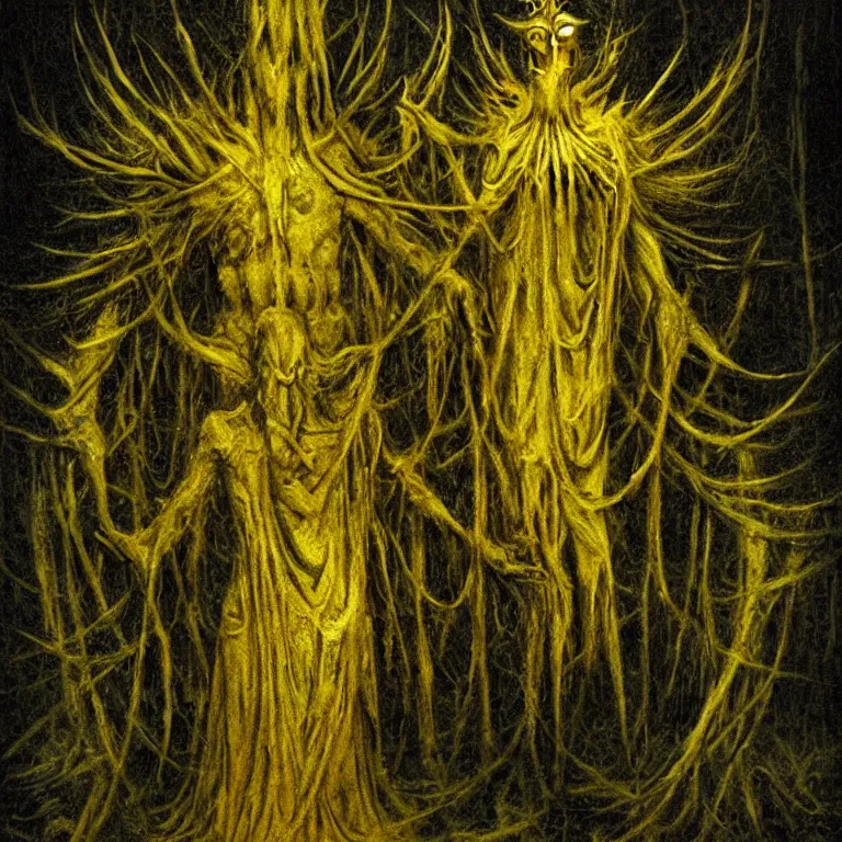 Image similar to hastur the king in gold, neochromatic colors, metal acid glow, dark eerie photo, photo pic taken by beksinski gammell giger mcfarlane