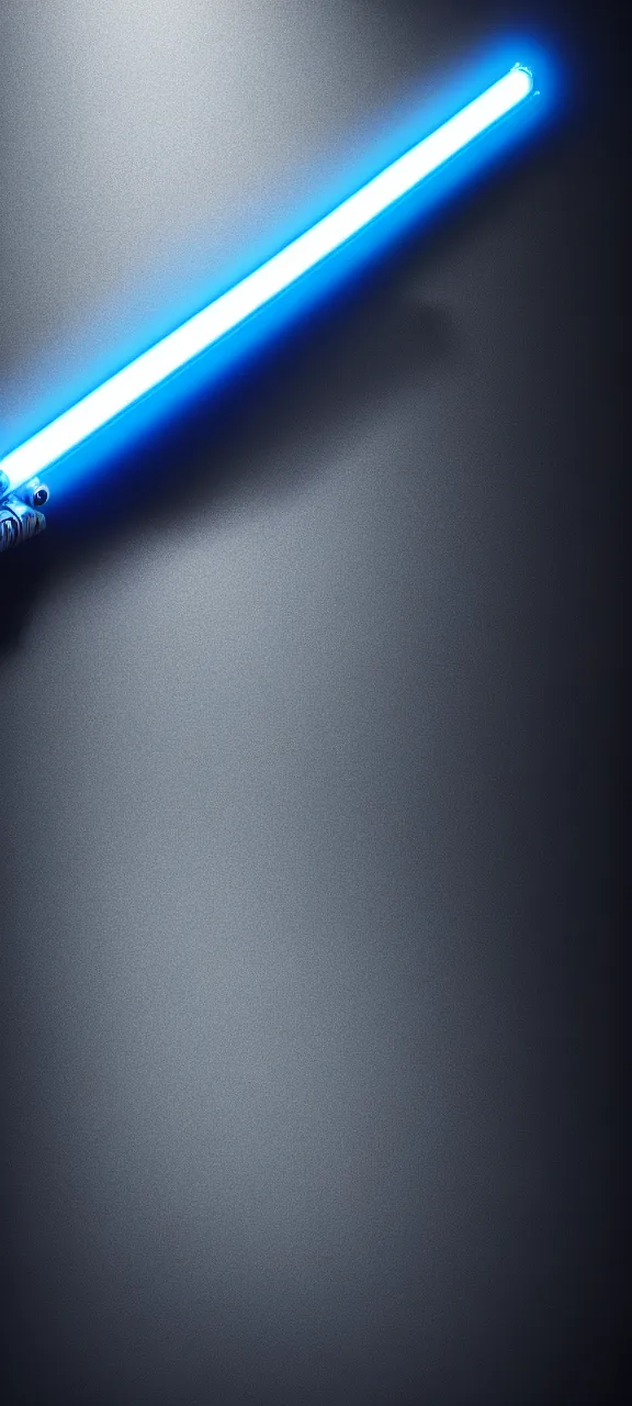 Image similar to detailed cinematic render, of a blue cyberpunk lightsaber lying vertically on a glossy black floor, in a dark room, photo from above, octane render 8 k, digital art, lightsaber wallpaper 4 k, ray tracing, jedi fallen order lightsaber wallpaper 4 k, cal kestis lightsaber wallpaper