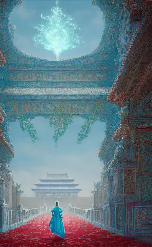 Image similar to vanishing point, palace covered with aqua blue roses like the forbidden city in distance at the red rose royal manor, viewed from afar, stephen bliss, misty, unreal engine, fantasy art by greg rutkowski, loish, ferdinand knab, and lois van rossdraws,, global illumination, radiant light, minimalist, detailed and intricate environment