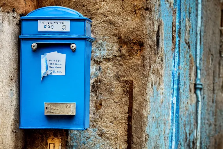 Prompt: A blue letter box in a old neighborhood, mid day, realistic shot, taken with a Leica camera, bokeh