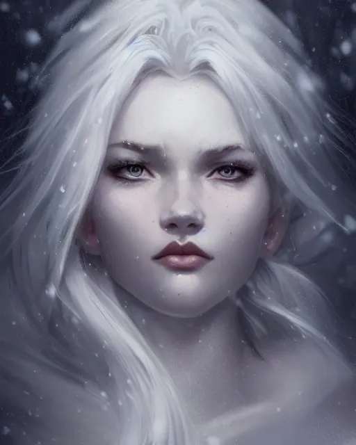 Image similar to portrait of a beautiful fierce snow goddess, flowy white grey hair, grey eyes, winter, frozen, snow, cinematic lighting, highly detailed, digital painting, trending on artstation, pixiv, concept art, sharp focus, illustration, art by ross tran and wlop