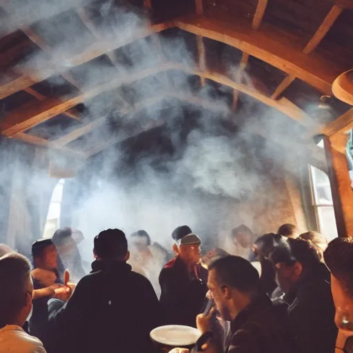 Prompt: A smoke house filled with people enjoing themselves