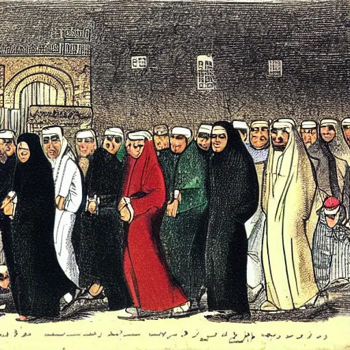 Image similar to Walk in a funeral procession, not in a marriage, arab, caricature