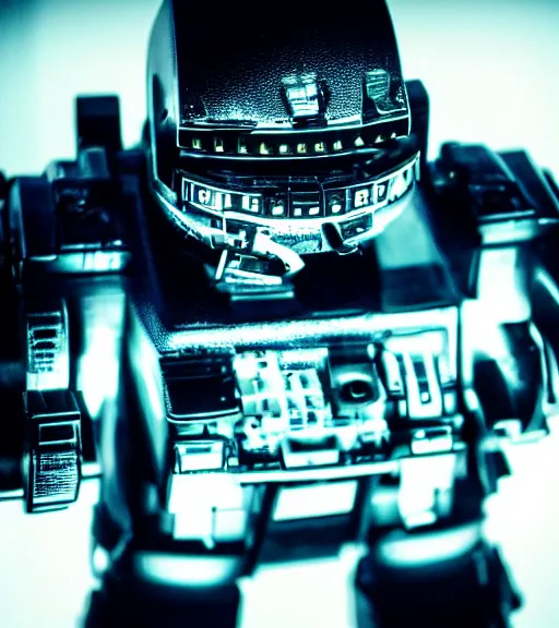 Image similar to night lowlight backlit hd detailed cinematic photo 35mm Leica Zeiss Robocop tired angry made of retro machine parts Closeup portrait